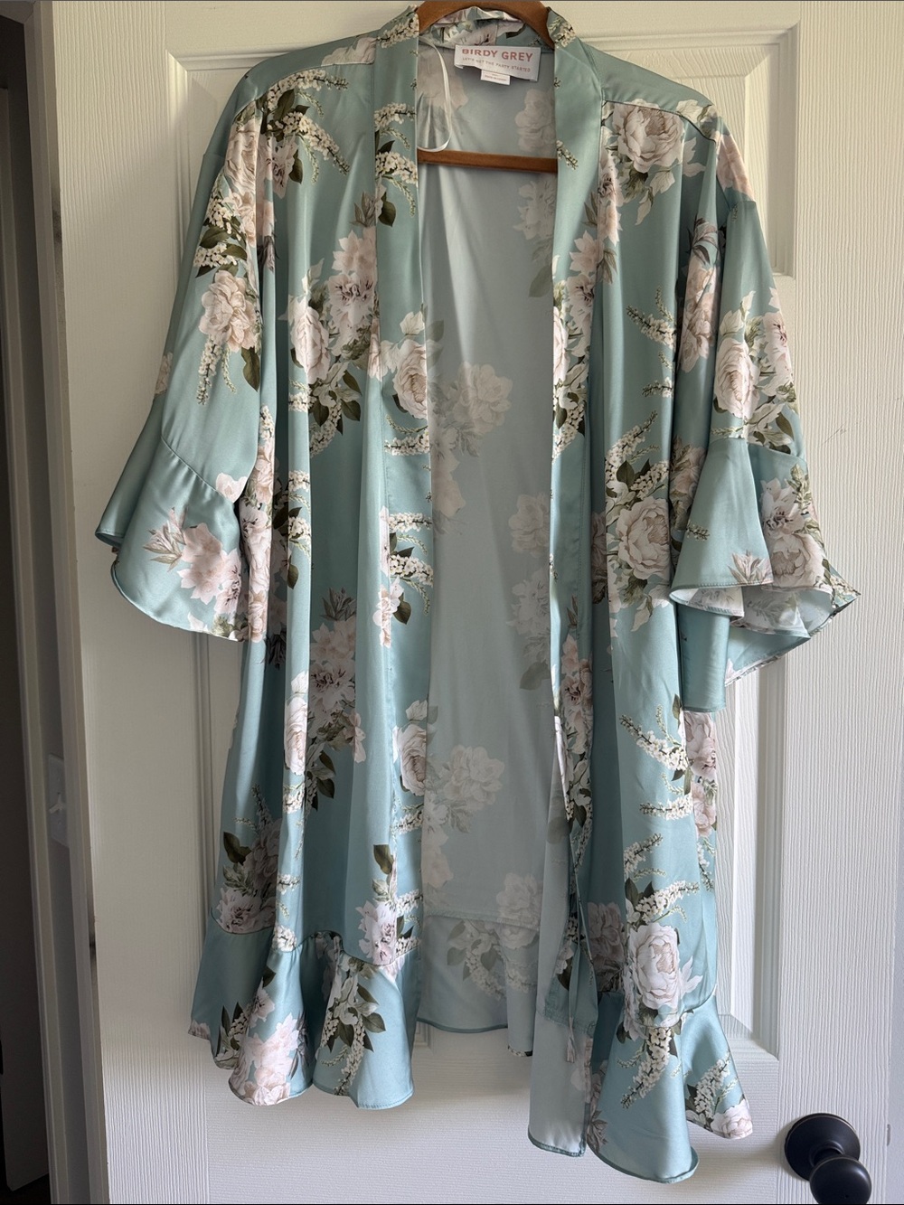 Birdy Grey Sage Green Floral Satin Kimono Robe